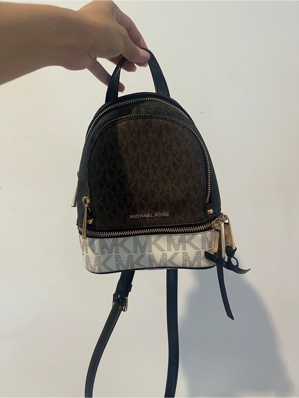 Michael Kors Two-Tone Logo Mini Backpack in Brown and Cream